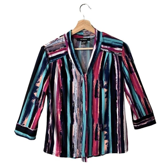 Liz Mccoy Blouse Size Small Stretchy Liquid Knit Neck Tie Striped 3/4 Sleeve - Picture 1 of 5